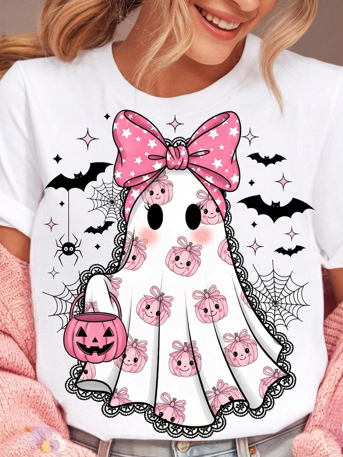 Cute Pink Bow Ghost Pumpkin Halloween Graphic Short Sleeve T-Shirt Women Fall Spooky Season Top