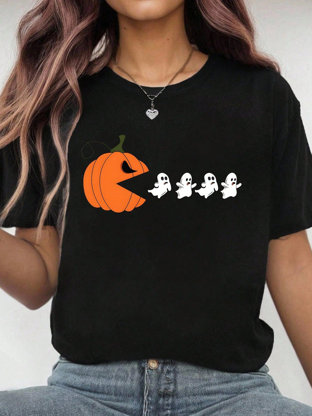 Plus Size Funny Halloween T-Shirt,Pumpkin Eating Ghosts