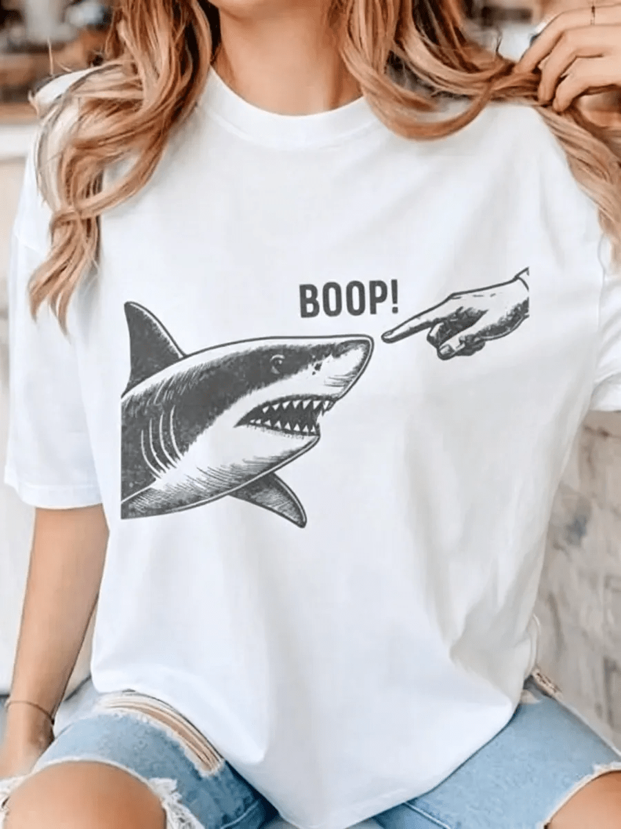 Vintage Shark BOOP Print Light Blue Oversized Short Sleeve Tee Summer Ocean Funny Top