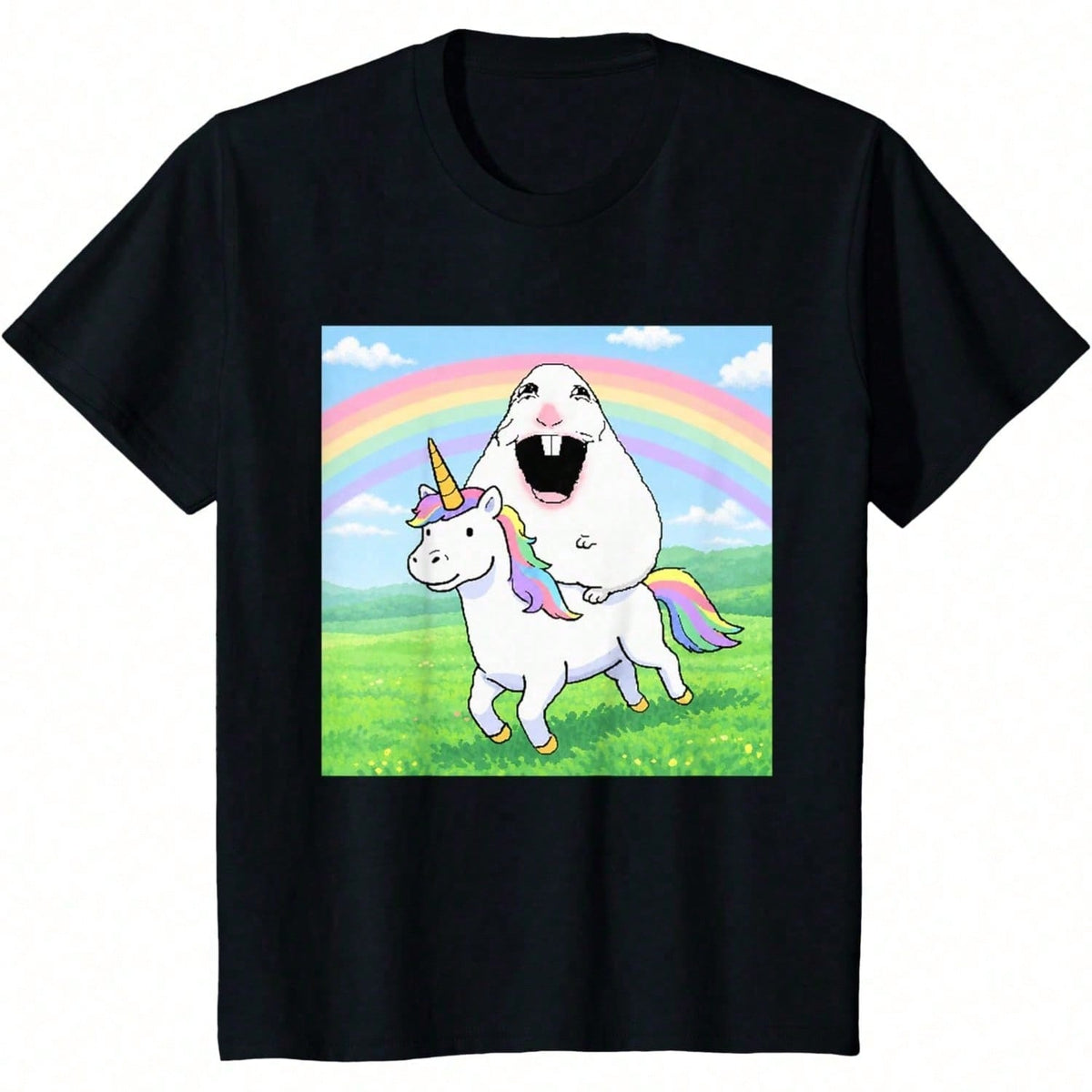 Happy Hamster Meme Print Short Sleeve Tee Unisex Crew Neck Casual Top