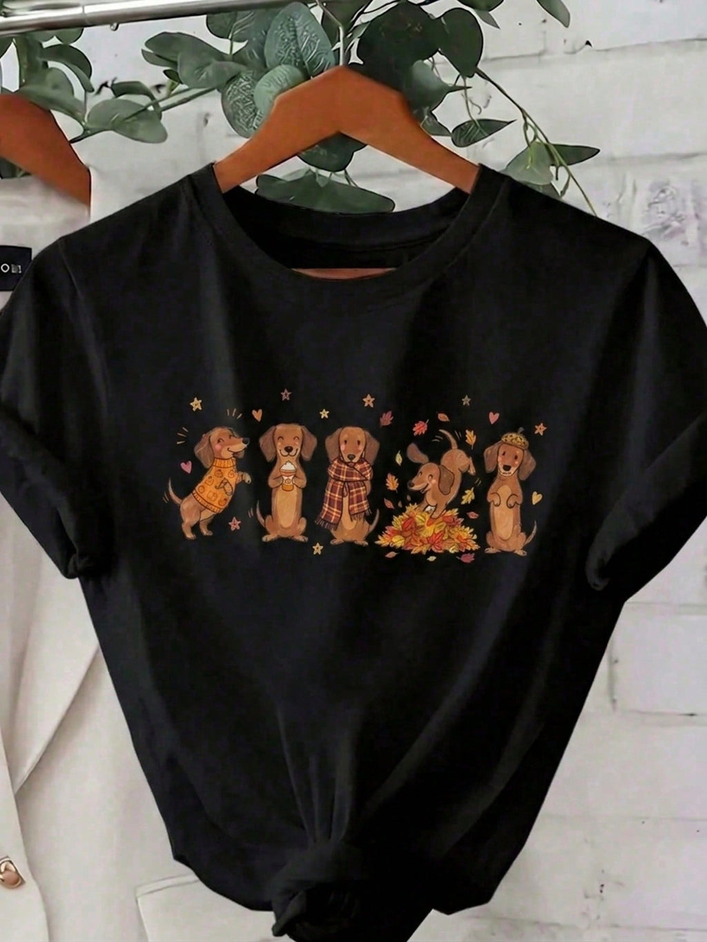Autumn Dachshund Doodle Print Tee Cute Puppy Mom Crew Neck Short Sleeve Top