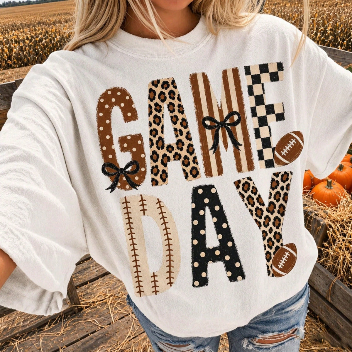 Fall Tops Game Day Football Leopard Bow Graphic Tee,Women Casual Short Sleeve Women Fall Travel Top