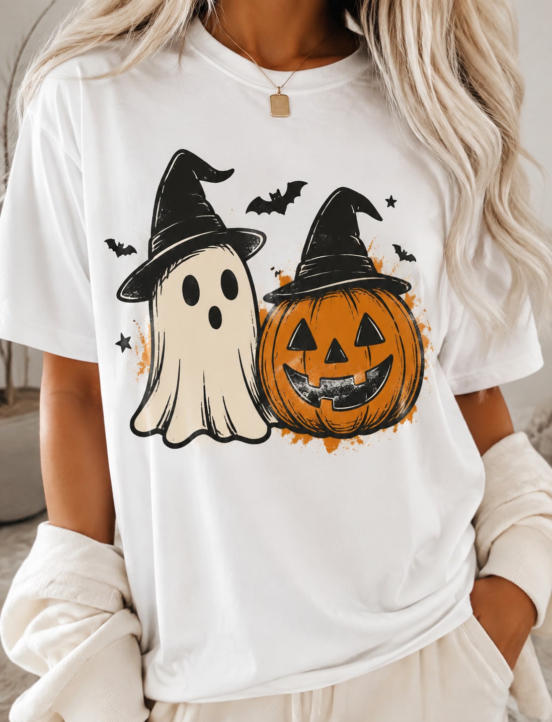 Women's Casual Halloween Pumpkin & Ghost Print Short Sleeve Round Neck T-Shirt For Fall Festival