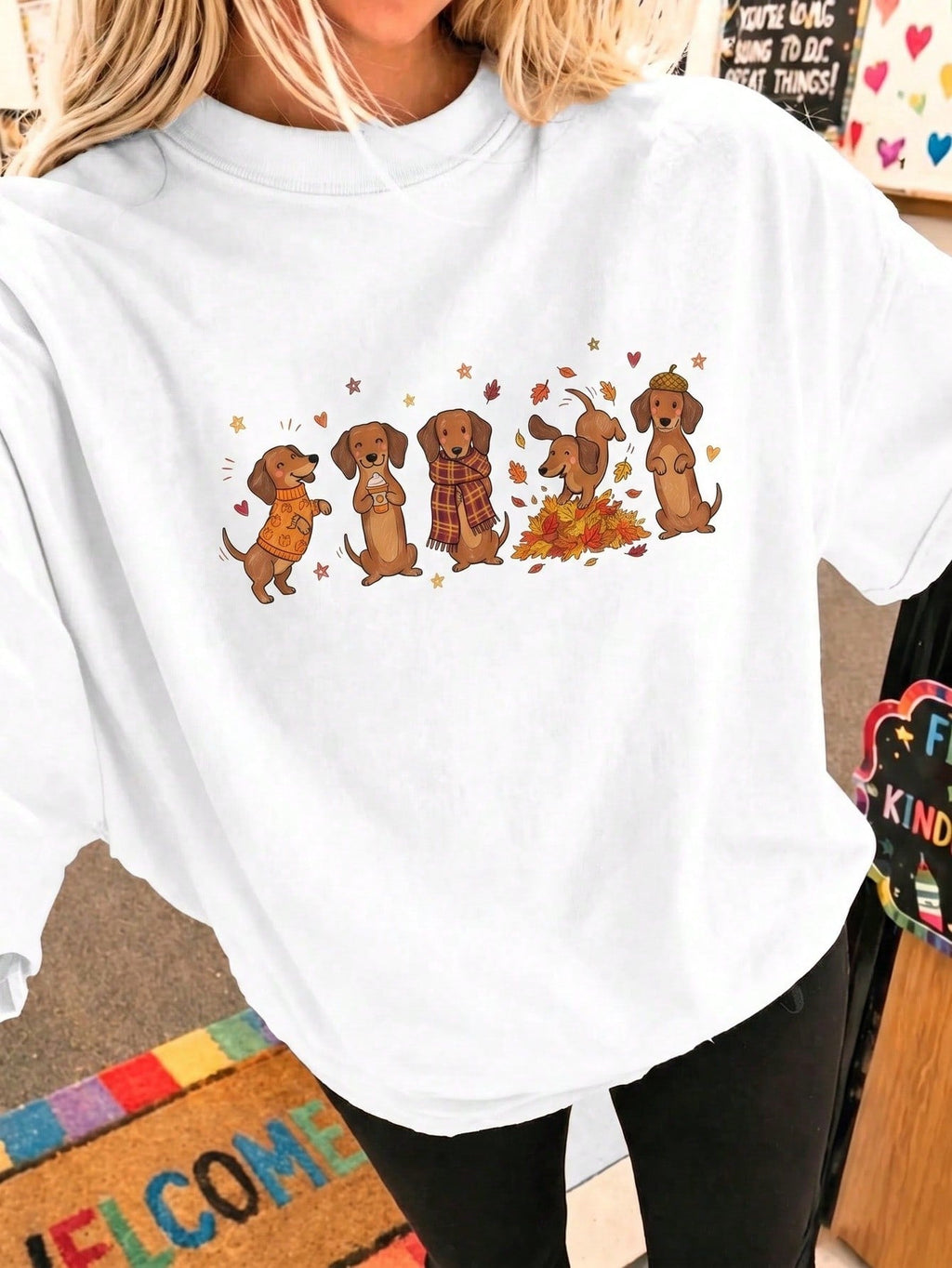 Autumn Dachshund Doodle Print Tee Cute Puppy Mom Crew Neck Short Sleeve Top