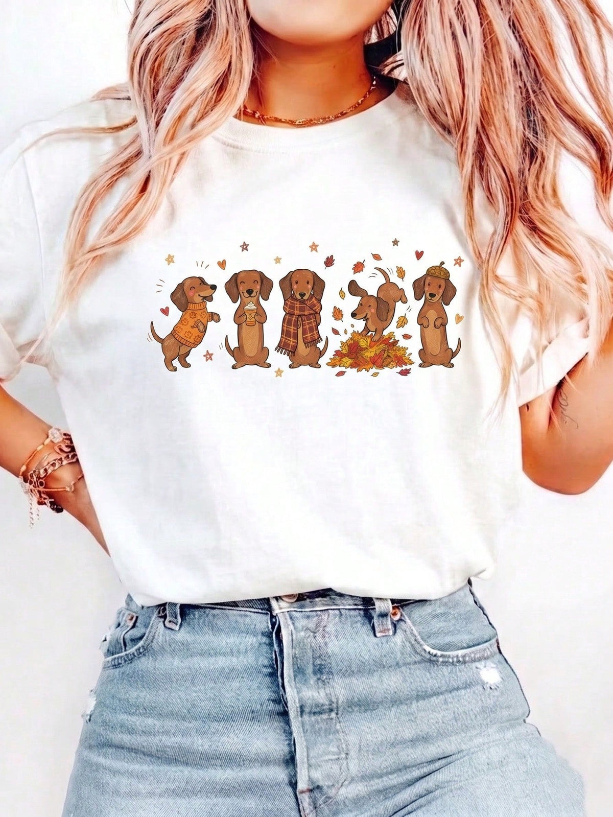 Autumn Dachshund Doodle Print Tee Cute Puppy Mom Crew Neck Short Sleeve Top