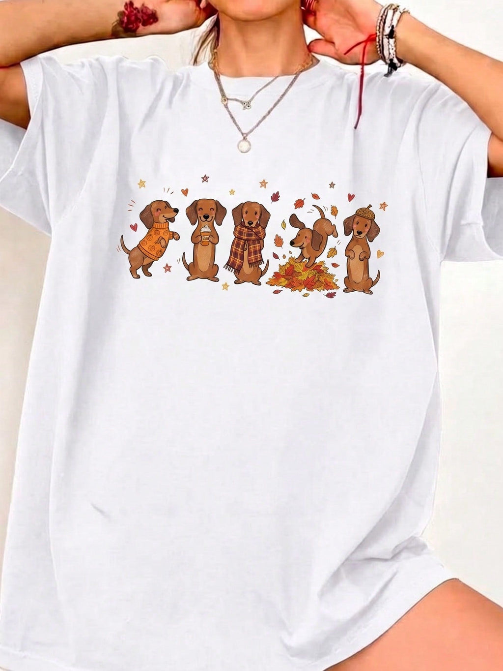 Autumn Dachshund Doodle Print Tee Cute Puppy Mom Crew Neck Short Sleeve Top