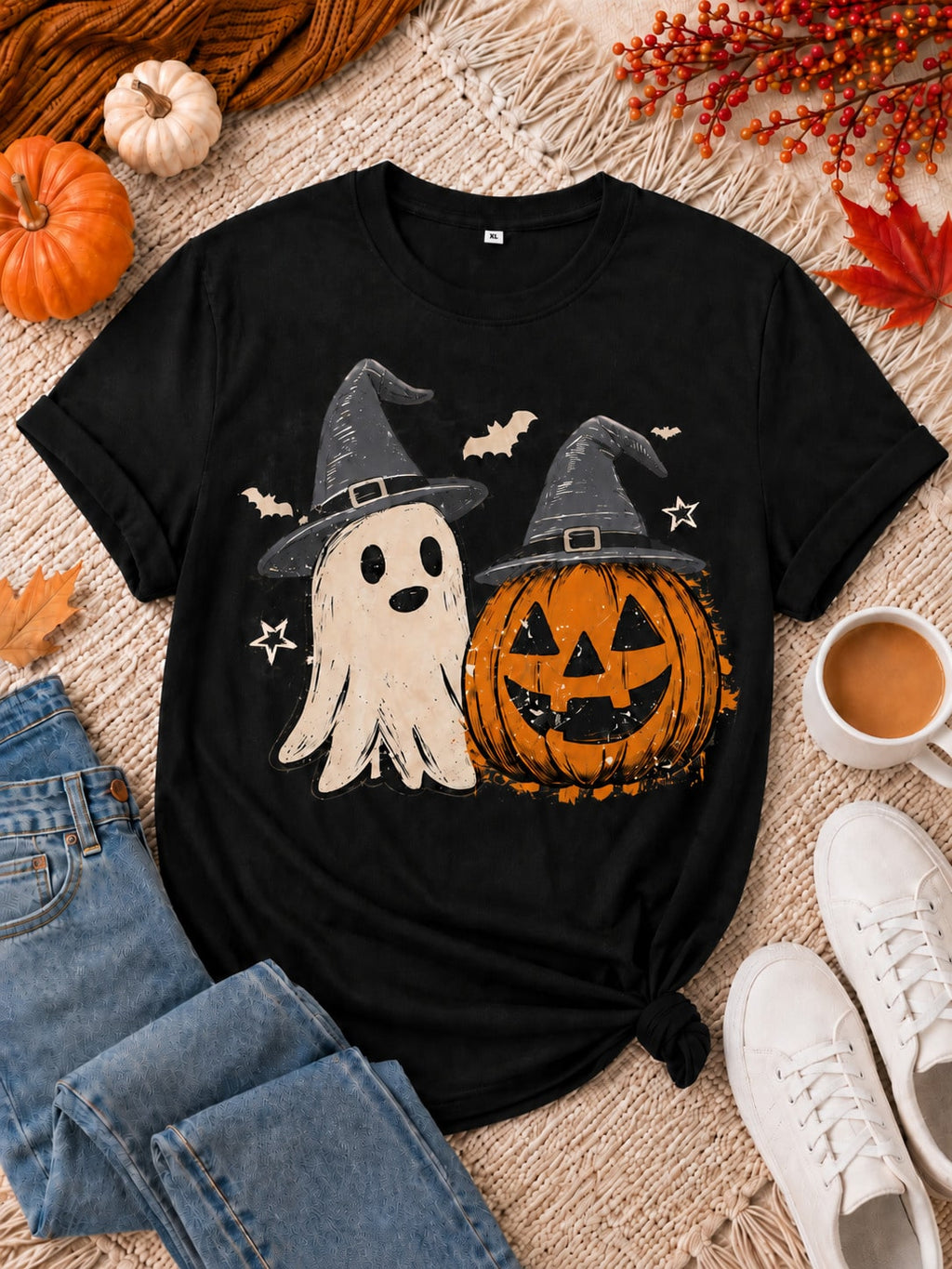 Women's Casual Halloween Pumpkin & Ghost Print Short Sleeve Round Neck T-Shirt For Fall Festival