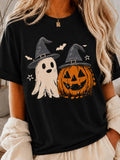 Women's Casual Halloween Pumpkin & Ghost Print Short Sleeve Round Neck T-Shirt For Fall Festival