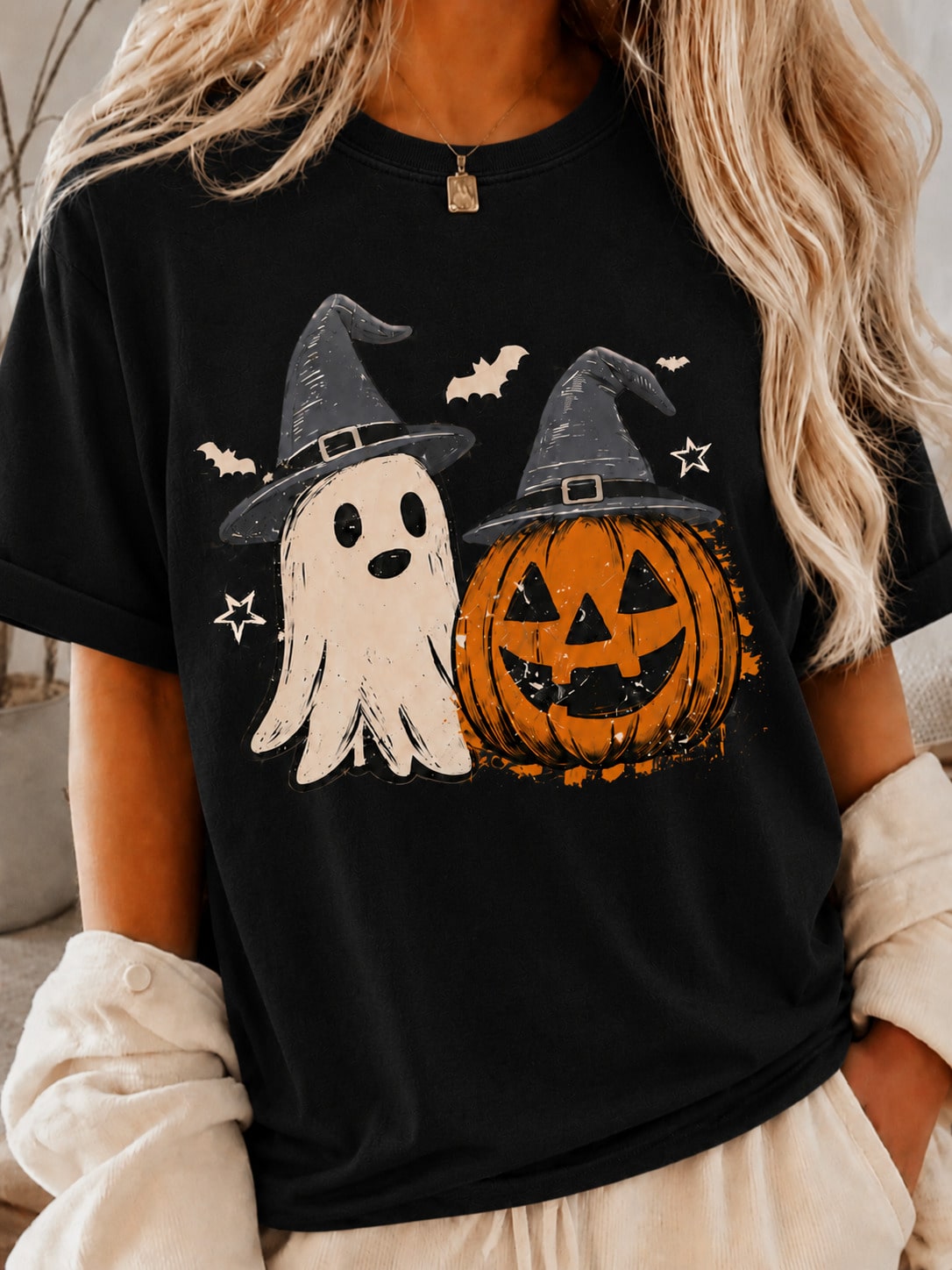 Women's Casual Halloween Pumpkin & Ghost Print Short Sleeve Round Neck T-Shirt For Fall Festival