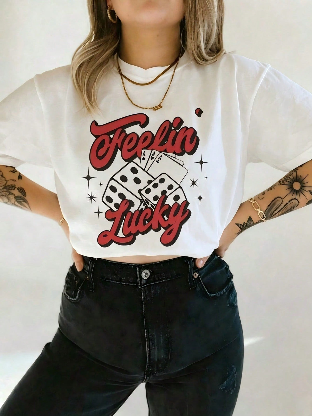 Feeling Lucky Las Vegas Print Oversized Short Sleeve Tee Vintage Top