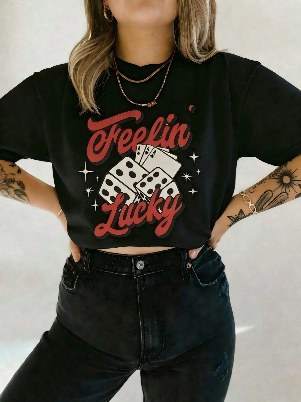 Feeling Lucky Las Vegas Print Oversized Short Sleeve Tee Vintage Top