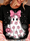 Cute Pink Bow Ghost Pumpkin Halloween Graphic Short Sleeve T-Shirt Women Fall Spooky Season Top