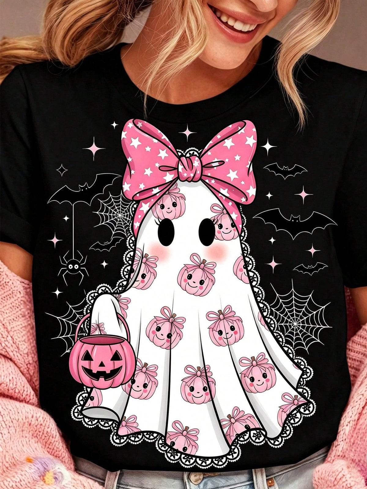 Cute Pink Bow Ghost Pumpkin Halloween Graphic Short Sleeve T-Shirt Women Fall Spooky Season Top