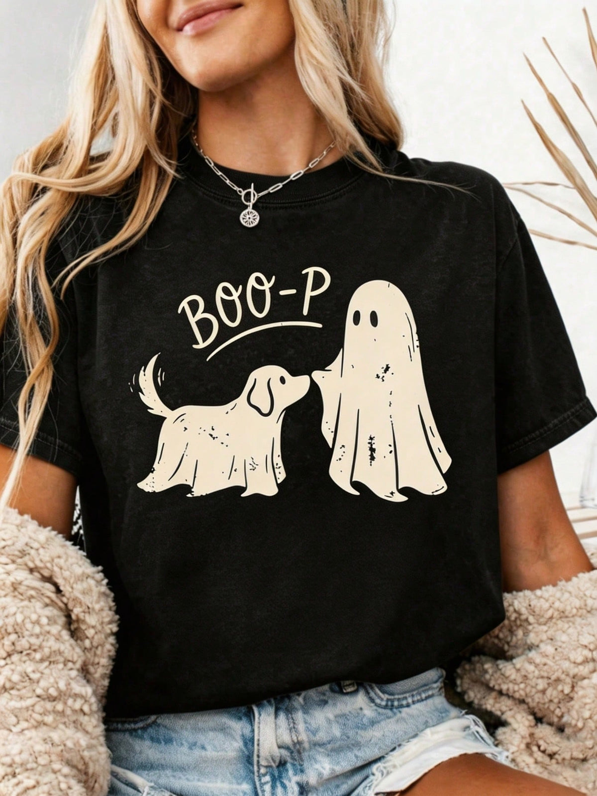 Boo‑P Ghost And Dog Graphic Print,Cute Spooky Halloween Design
