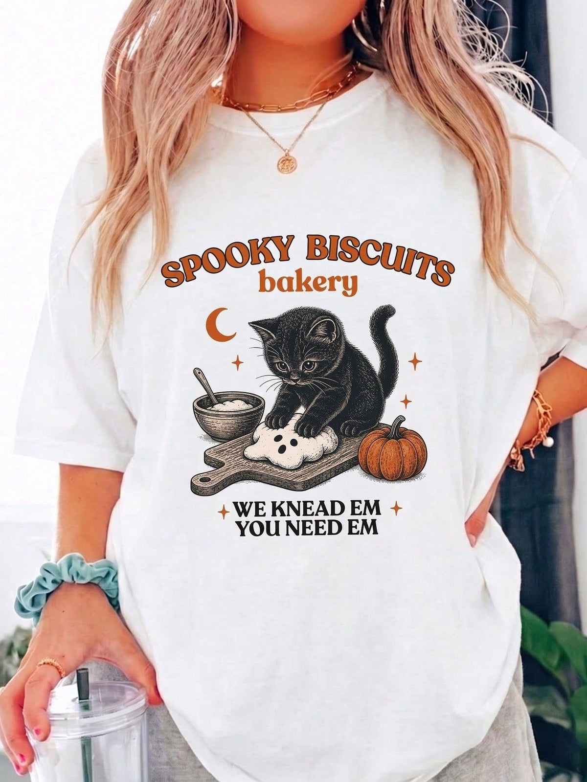 Cat Cookie Print Tee Halloween Vintage Baked Pumpkin Black Cat Crew Neck Top