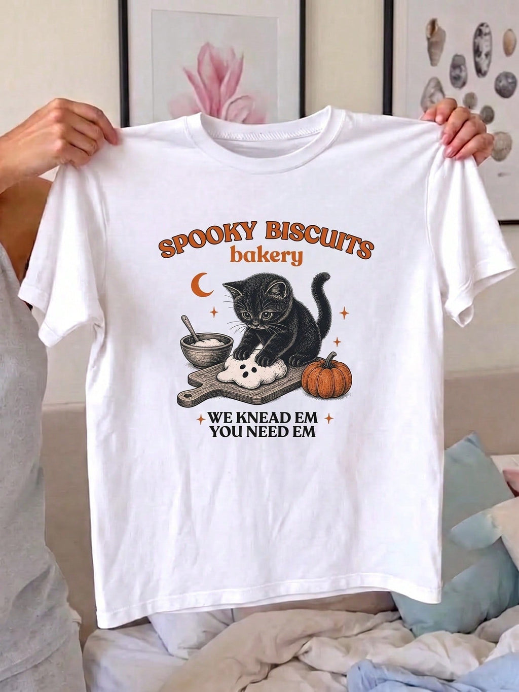 Cat Cookie Print Tee Halloween Vintage Baked Pumpkin Black Cat Crew Neck Top