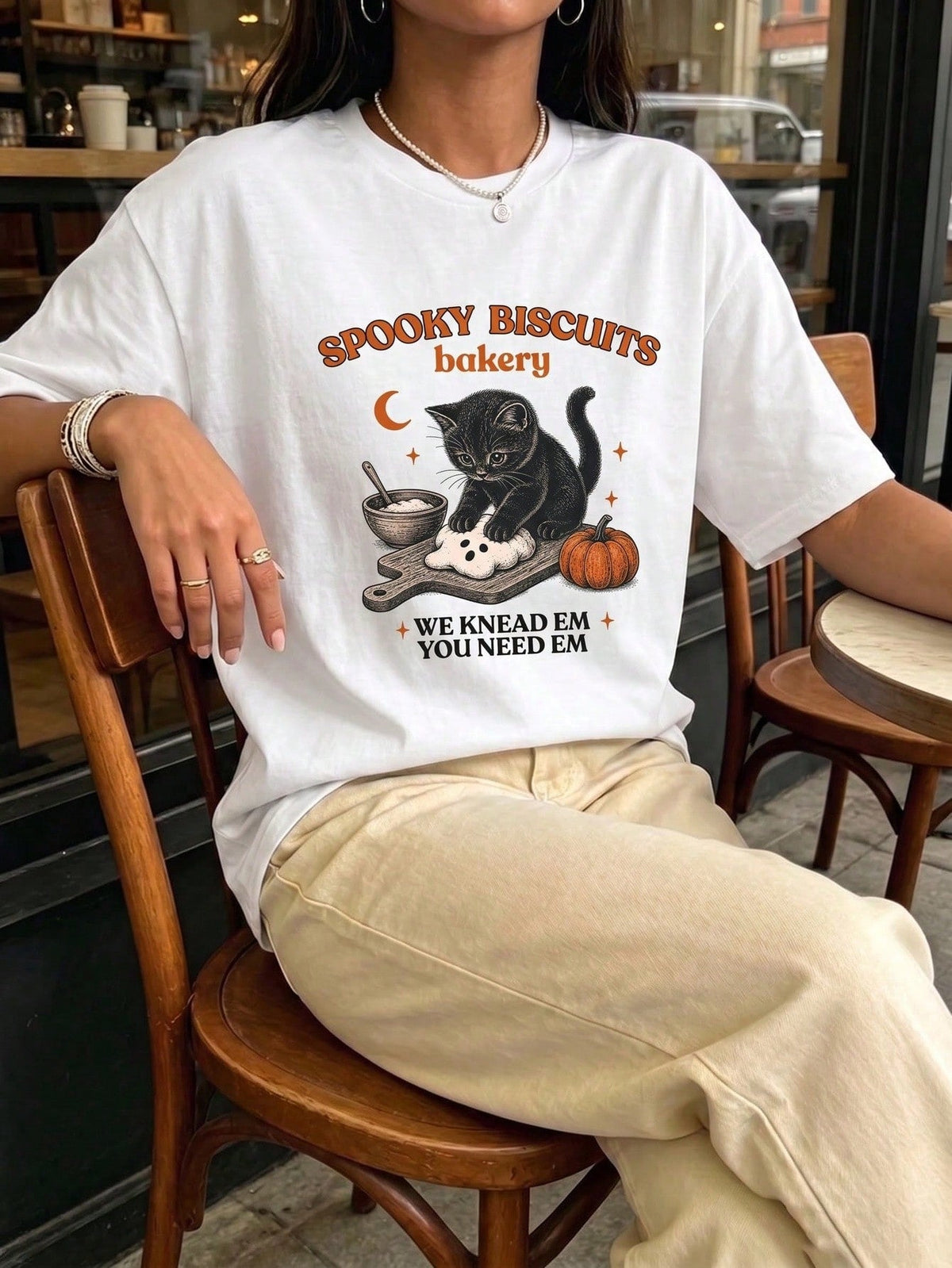 Cat Cookie Print Tee Halloween Vintage Baked Pumpkin Black Cat Crew Neck Top