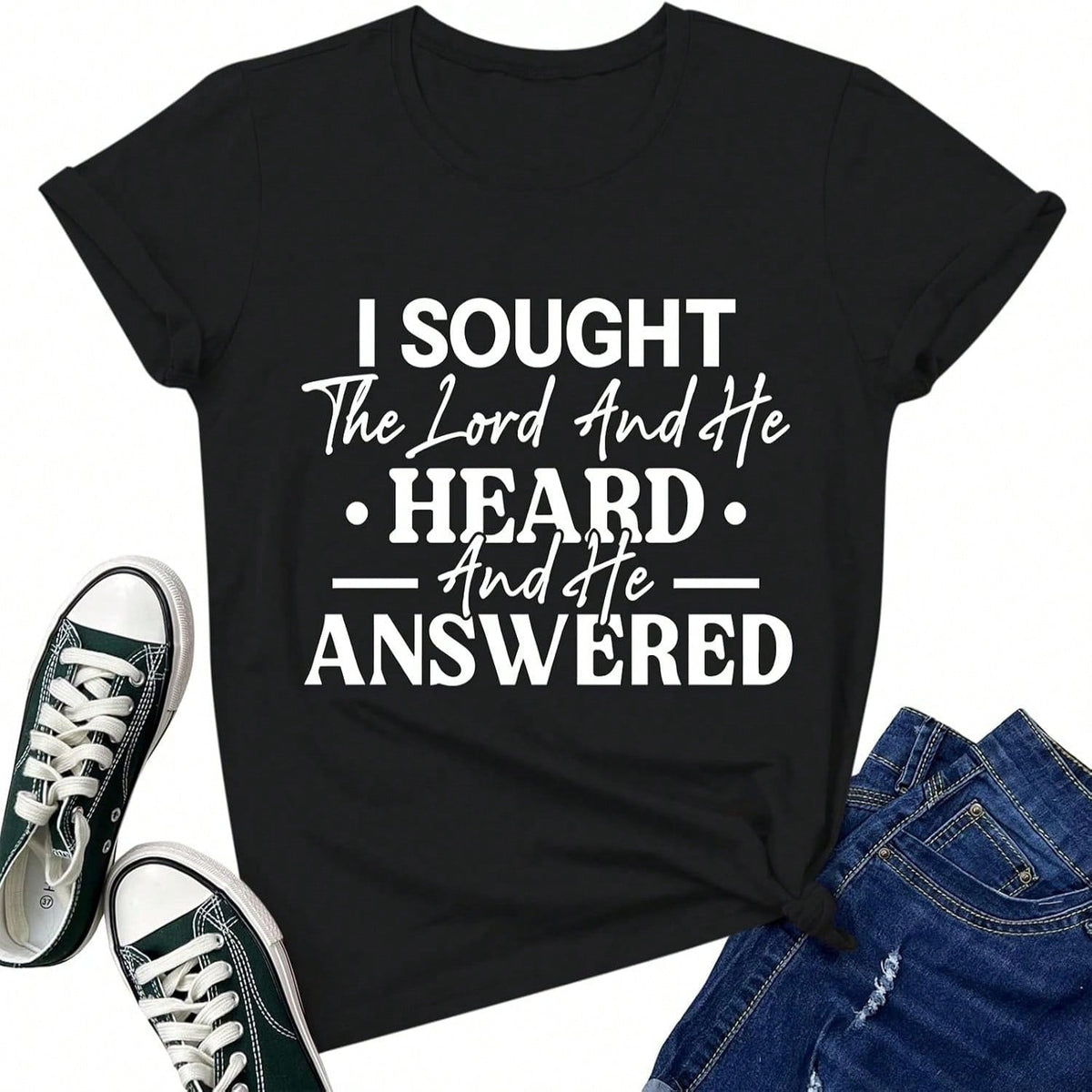 I Sought The Lord And He Heard And He Answered Checkerboard Graphic Tee, Christian Aesthetic Graphic Tees