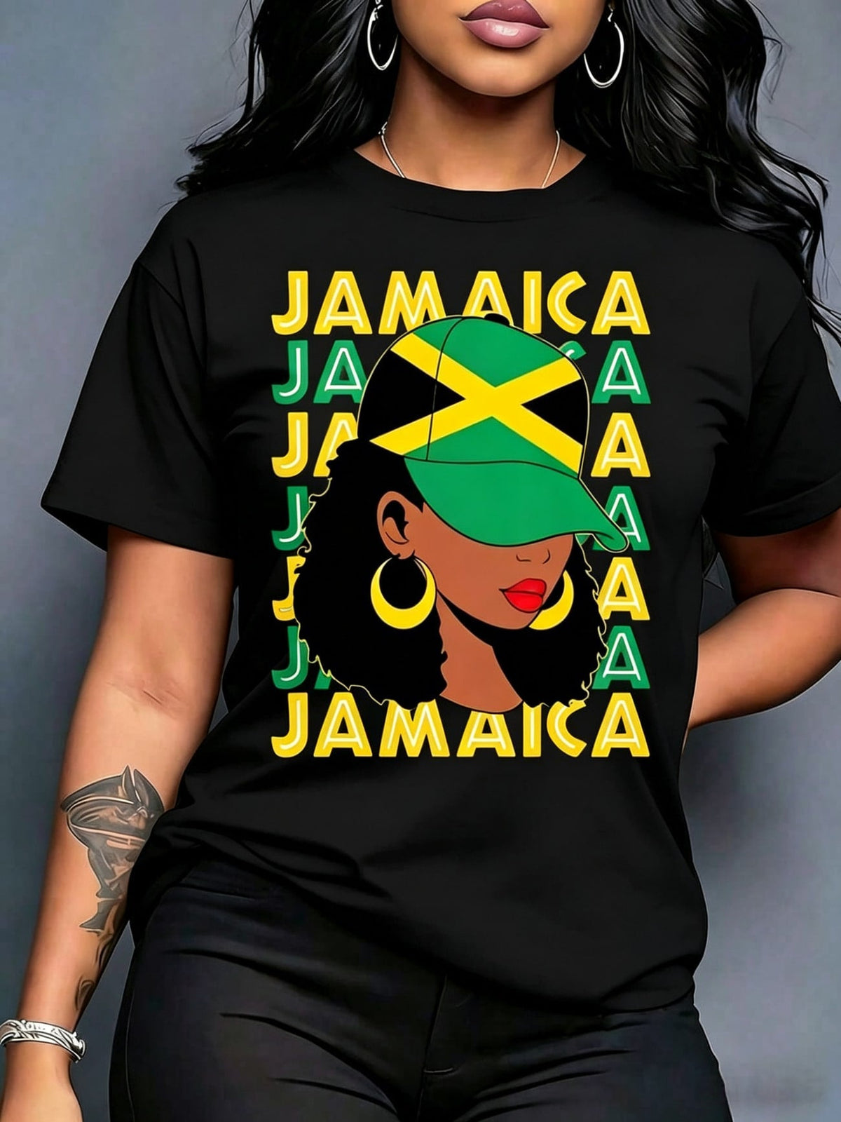 Jamaica Flag Hat Print Tee Cultural Pride Celebration Crew Neck Casual Top