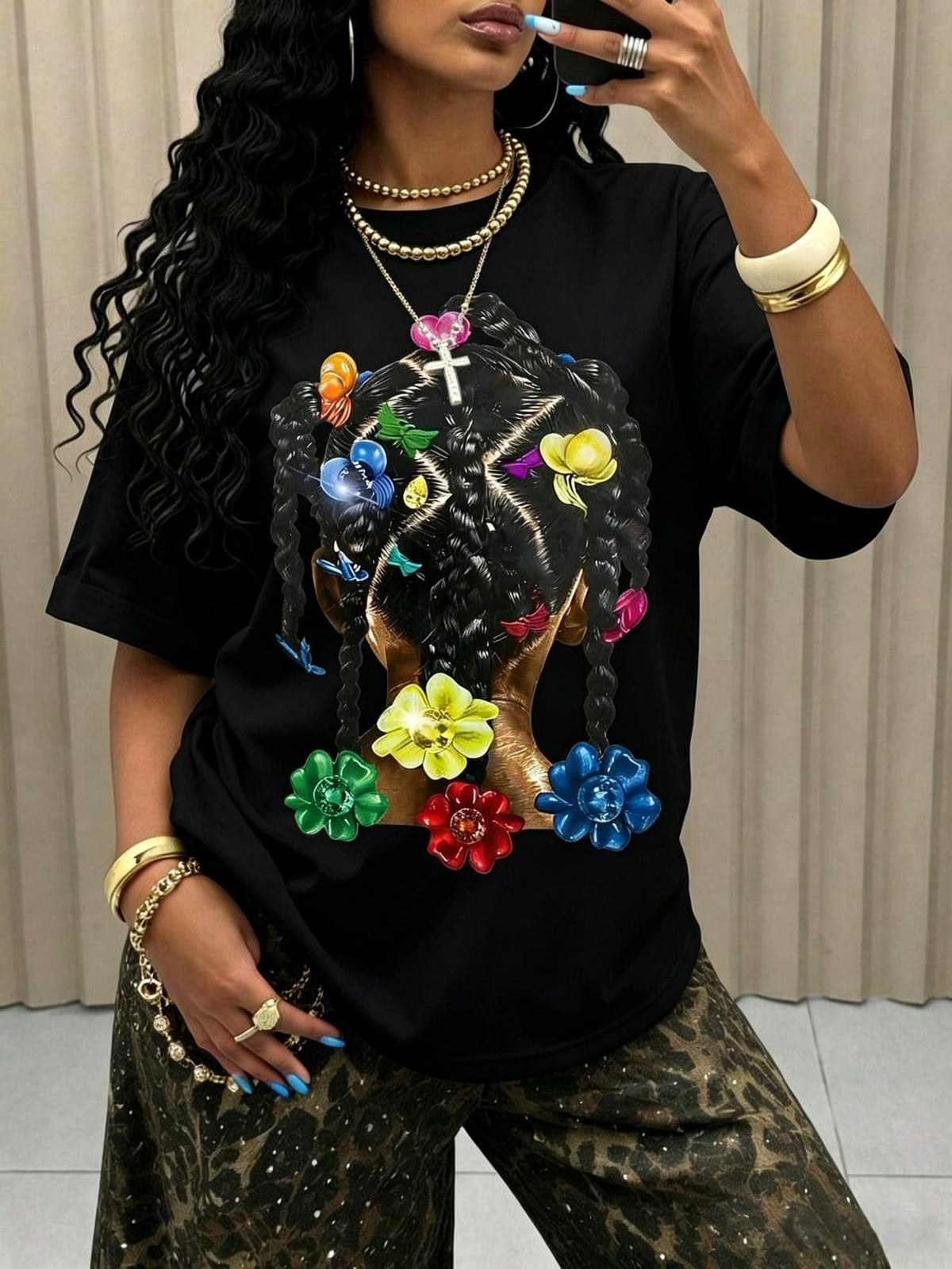 Braided Print Short Sleeve Tee US Casual Crew Neck Graphic Top