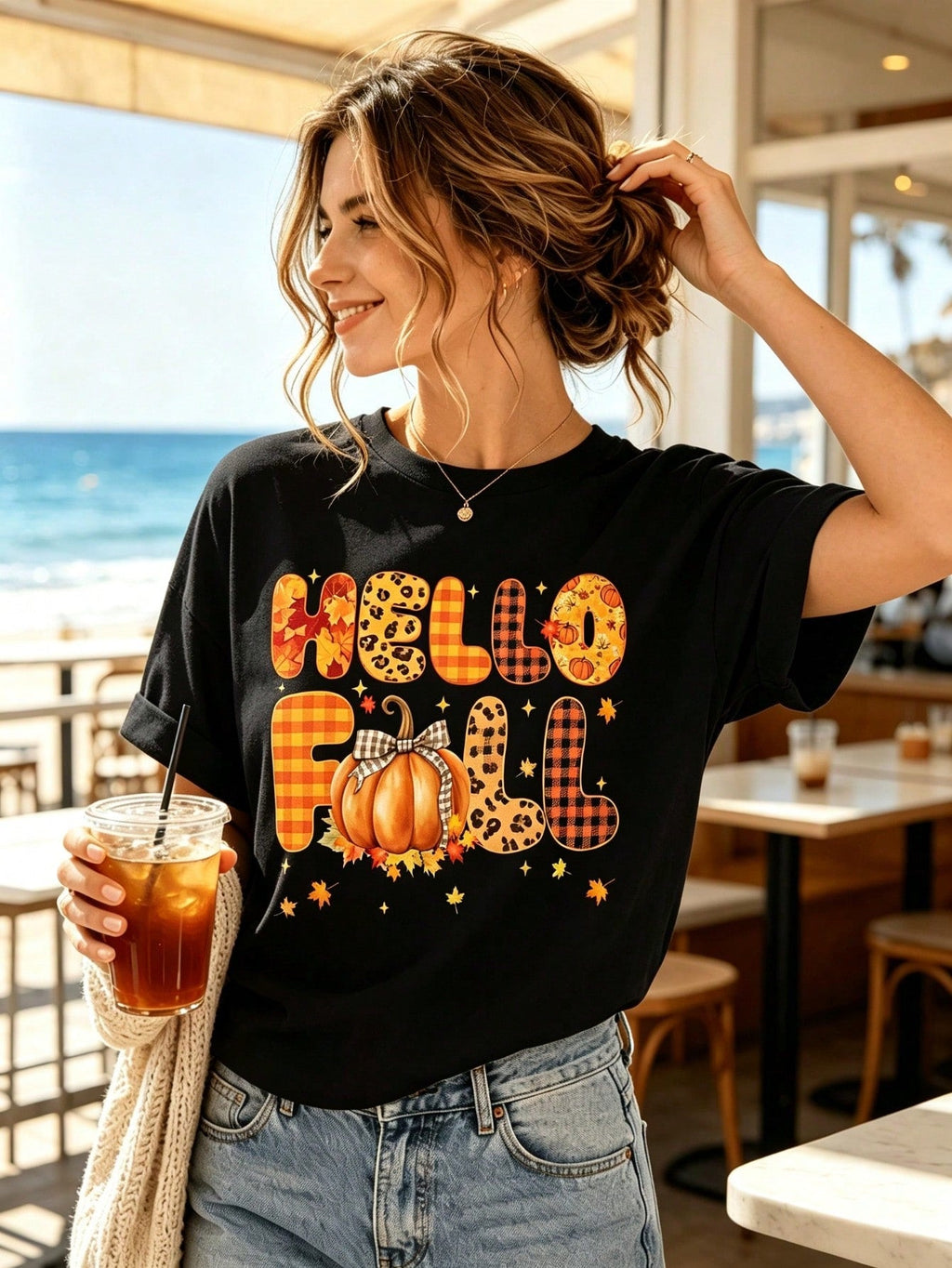 Womens Hello Fall T Shirt Cute Pumpkin Graphic Tee Short Sleeve Crew Neck Autumn Fall Casual Top for Ladies