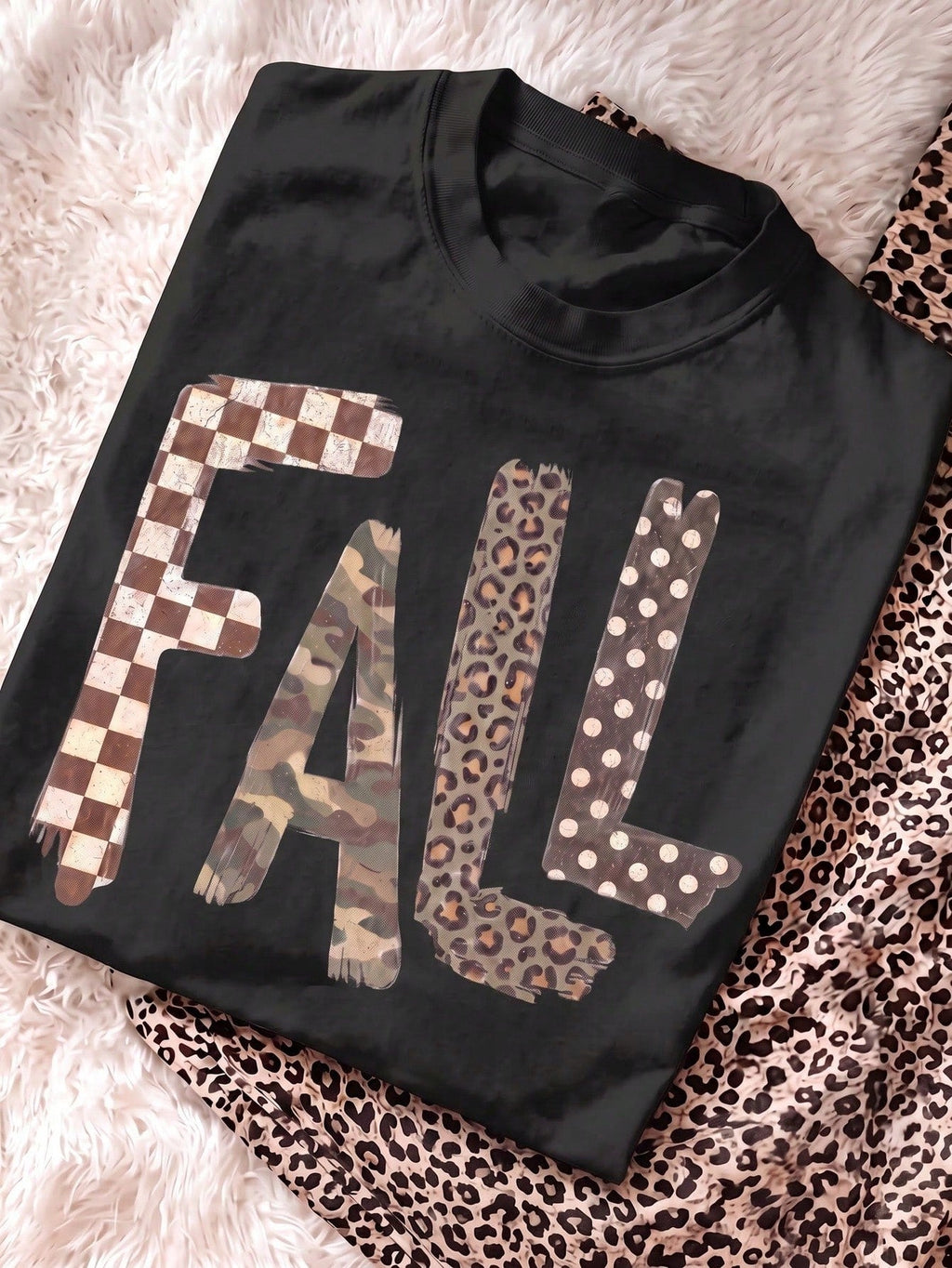Plaid Leopard Camo Graphic Crew Neck Tee Fall Thanksgiving Halloween Short Sleeve Top