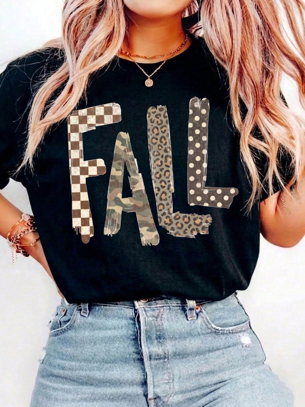 Plaid Leopard Camo Graphic Crew Neck Tee Fall Thanksgiving Halloween Short Sleeve Top