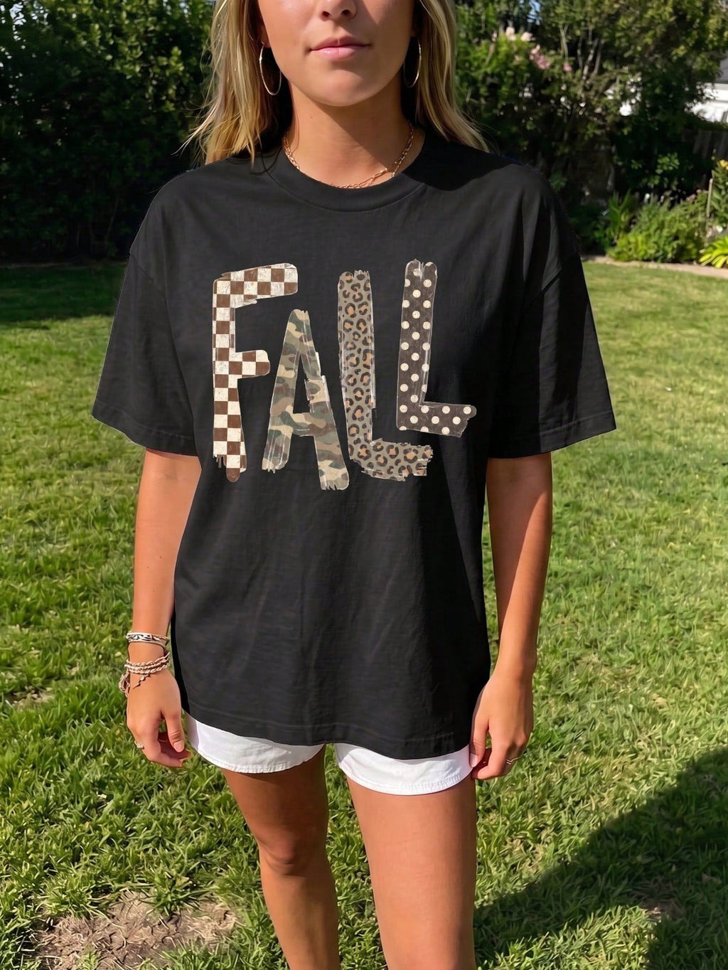 Plaid Leopard Camo Graphic Crew Neck Tee Fall Thanksgiving Halloween Short Sleeve Top