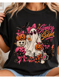 Pink Halloween Shirt Cute Ghost Spooky Season Tee Black Cat Pumpkin Shirt Coquette Halloween Graphic Tee Gifts