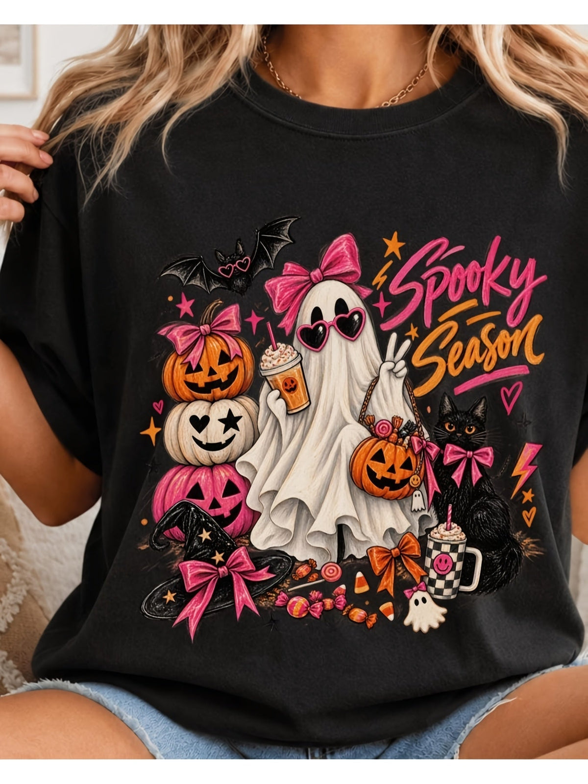 Pink Halloween Shirt Cute Ghost Spooky Season Tee Black Cat Pumpkin Shirt Coquette Halloween Graphic Tee Gifts