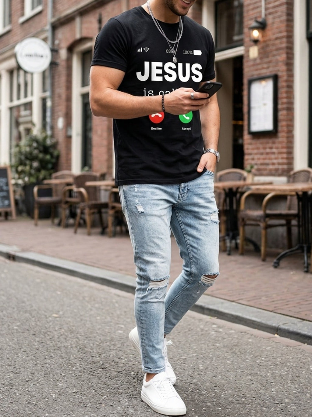 Jesus Is Calling Print Tee Unisex Crew Neck Short Sleeve Faith Casual Top