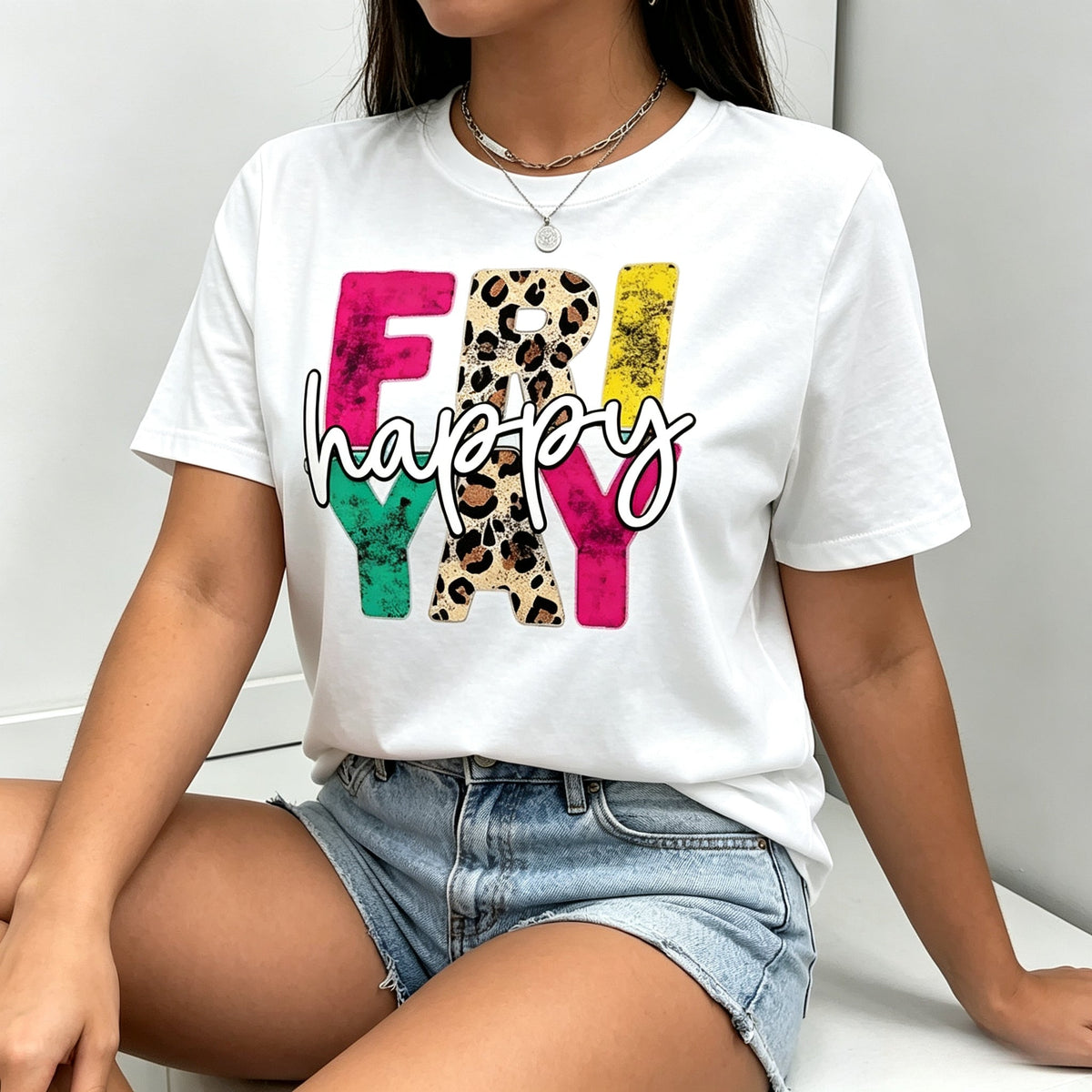 Happy Friyay Graphic Crew Neck Tee Teacher Fashion Short Sleeve Top