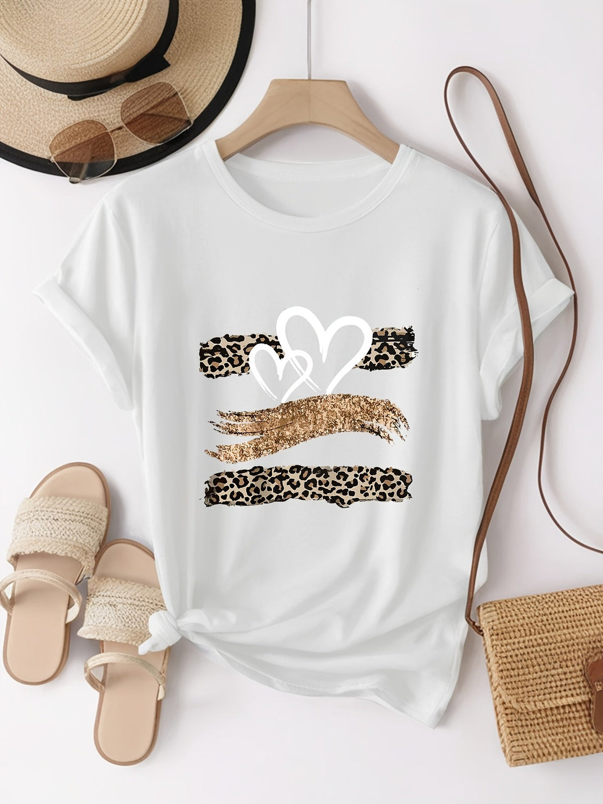 Leopard Heart Glitter Print Short Sleeve Tee Trendy Breathable Crew Neck Top