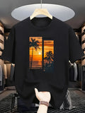Beach Sunset Palm Tree Print Short Sleeve Tee Breathable Crew Neck Summer Top