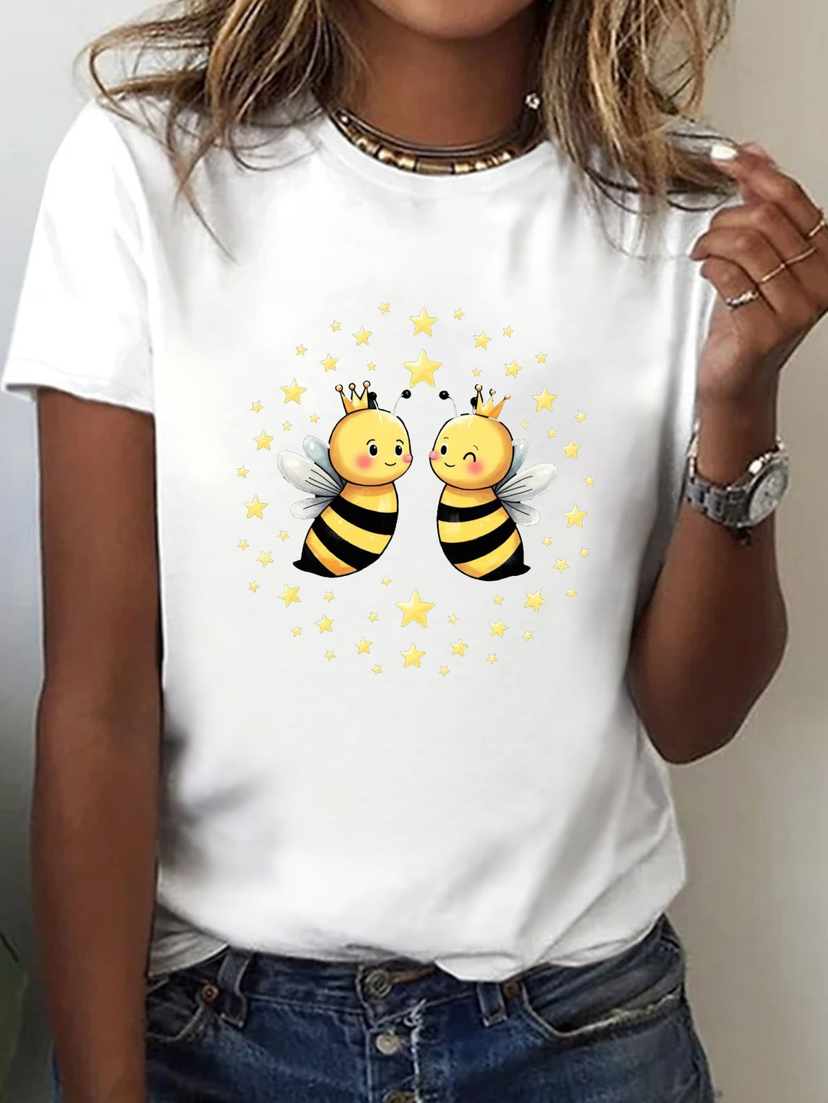 Cartoon Bee Print Short Sleeve Tee Spring Summer Crew Neck Casual Top