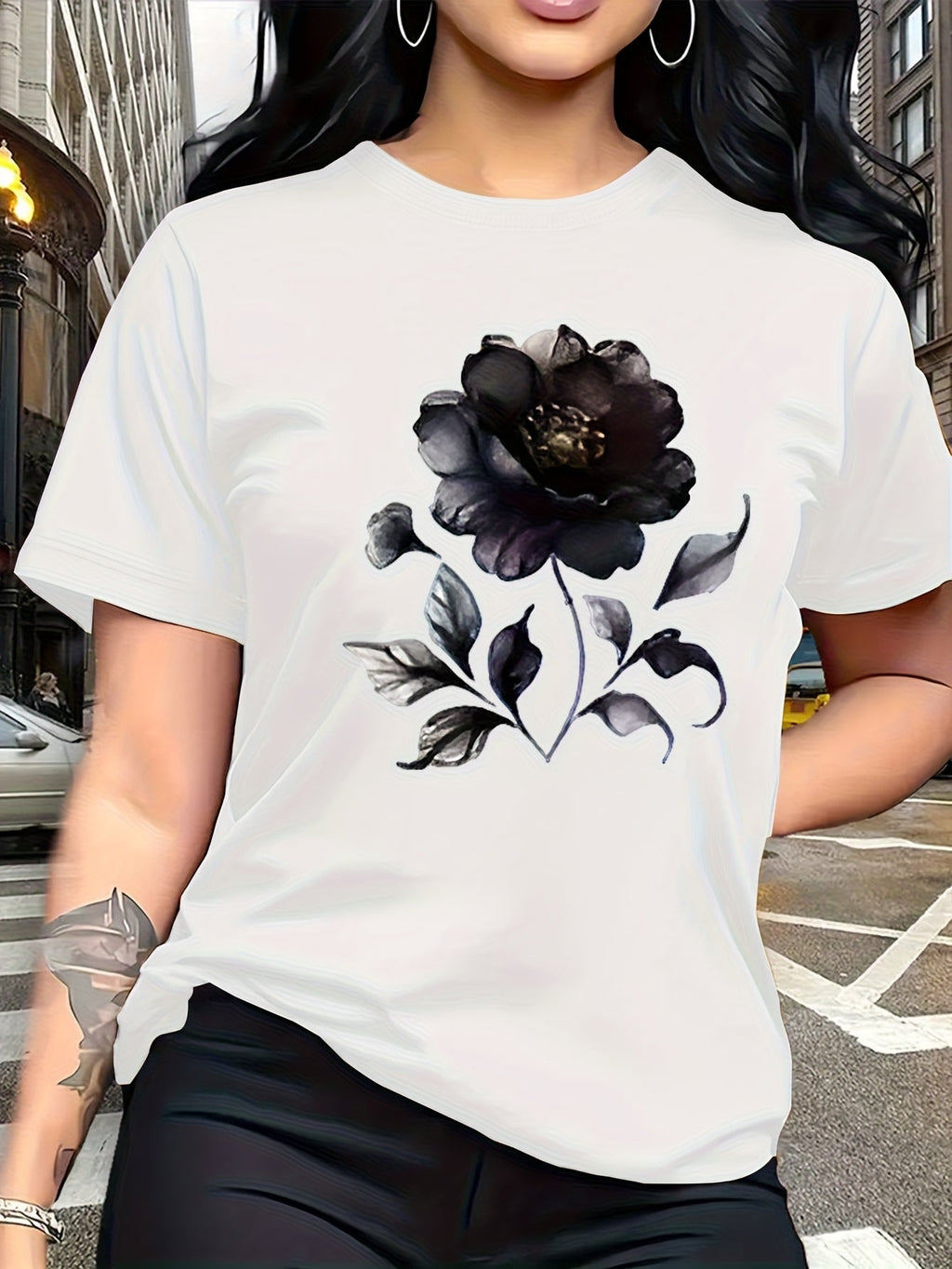 Dark Watercolor Floral Graphic Crew Neck Tee Trendy Casual Short Sleeve Top