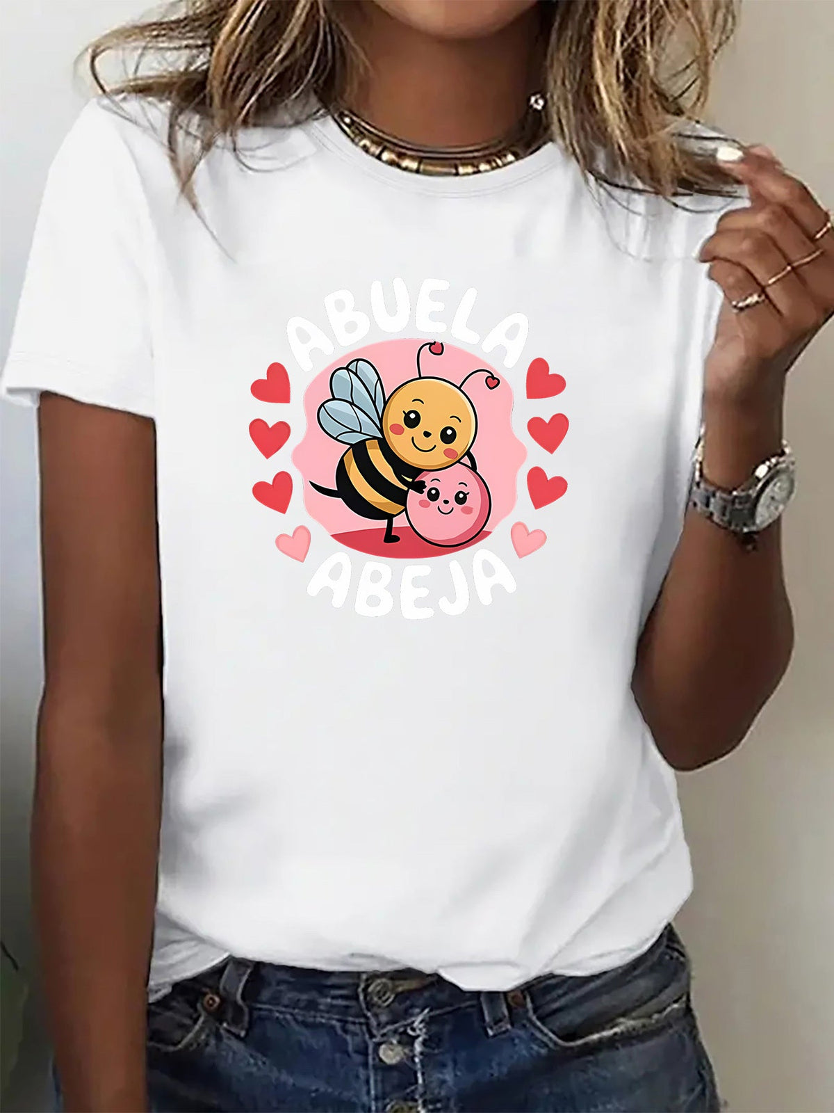 Heart Bee Print Short Sleeve Tee Spring Summer Mothers Day Gift Crew Neck Top