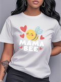 Mama Bee Heart Cartoon Print Short Sleeve Tee Mothers Day Gift Crew Neck Top