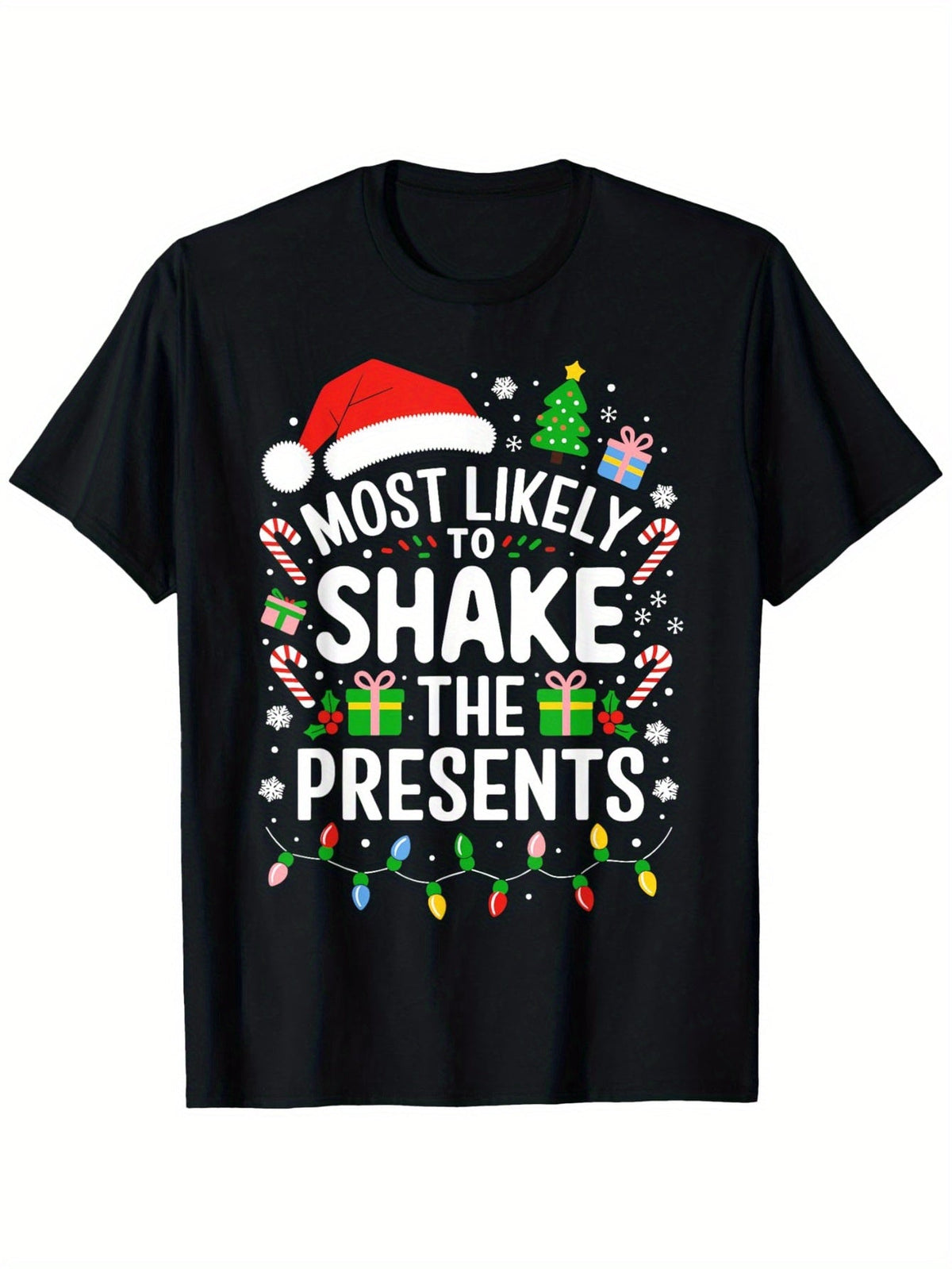 Funny Christmas Graphic T-Shirt "Most Likely to Shake the Presents", Family Matching Holiday Tee, Unisex Cotton Crew Neck Short Sleeve