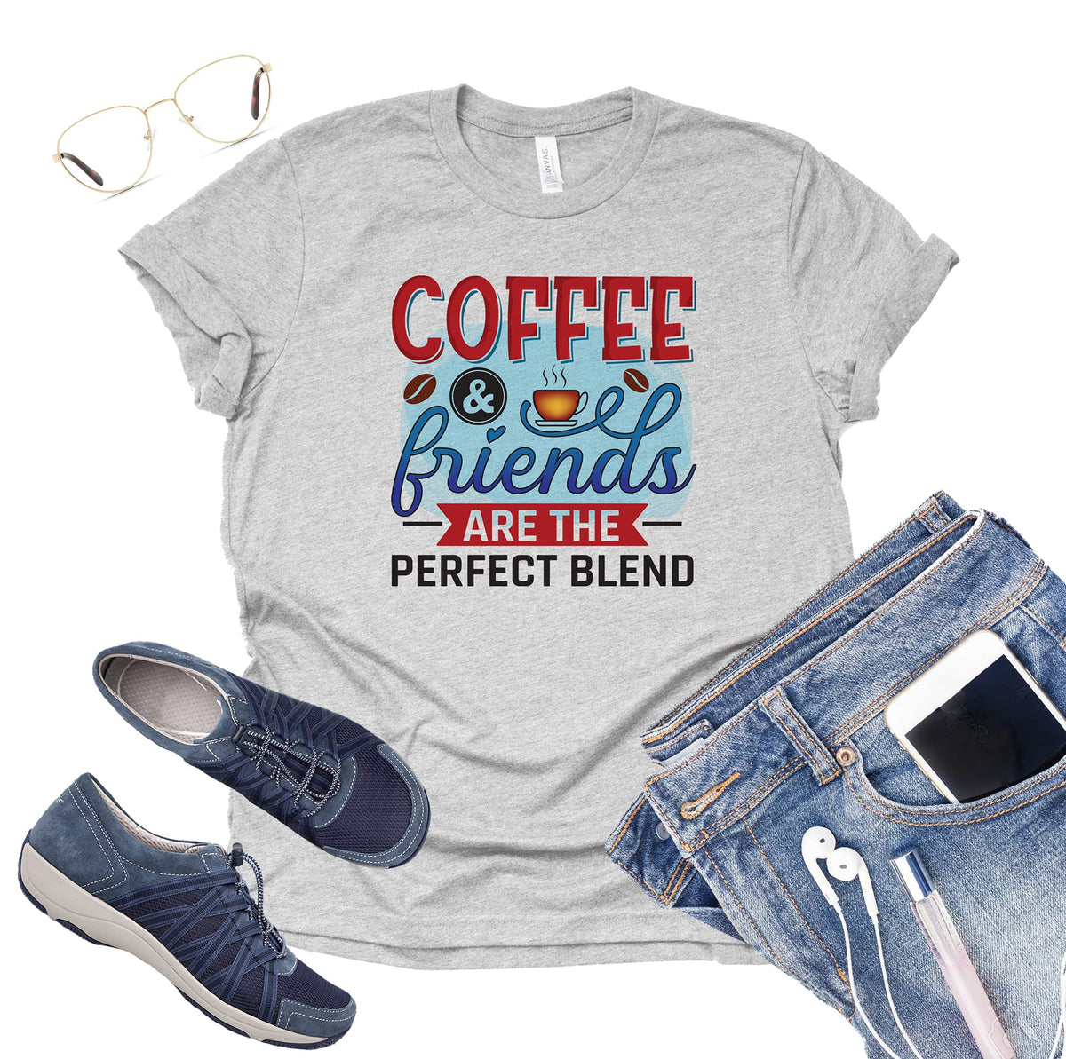 Coffee and Friends are a Perfect Blend T-Shirt for Women Coffee Letters Print Shirt with Funny Sayings Casual Tee Tops (Gray-X Large)