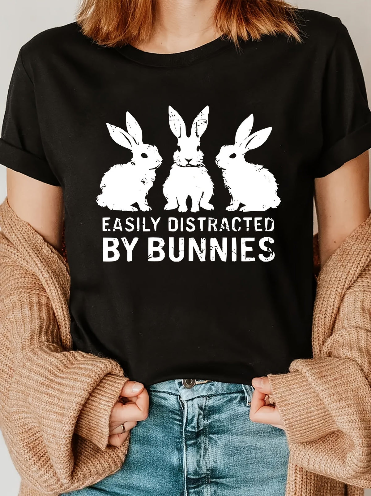 Rabbit Silhouette Letter Print Short Sleeve Tee Elegant Crew Neck Casual Top