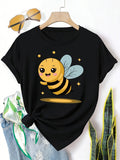 Smiling Bee Print Short Sleeve Tee Spring Summer Loose Crew Neck Casual Top