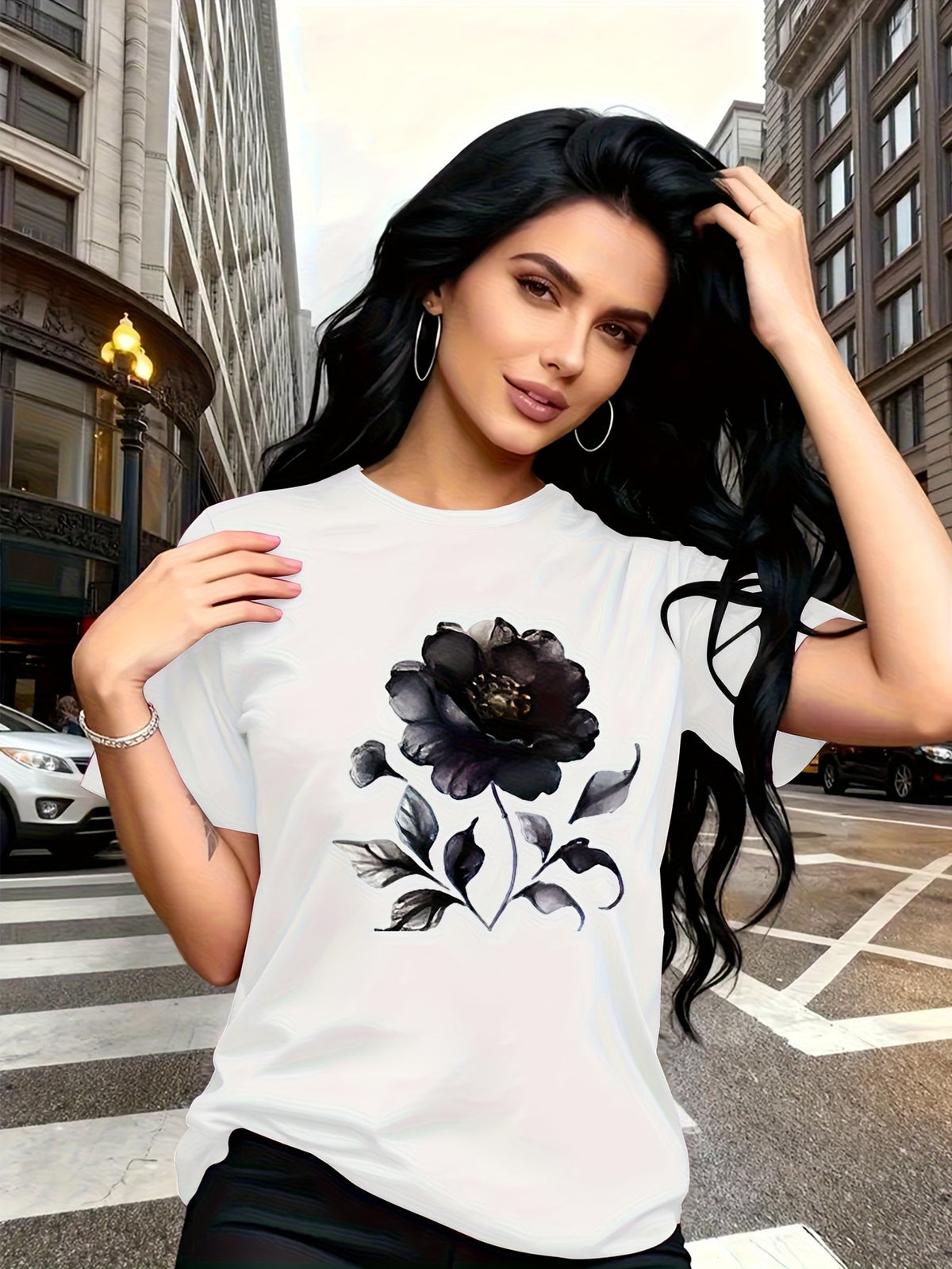 Dark Watercolor Floral Graphic Crew Neck Tee Trendy Casual Short Sleeve Top