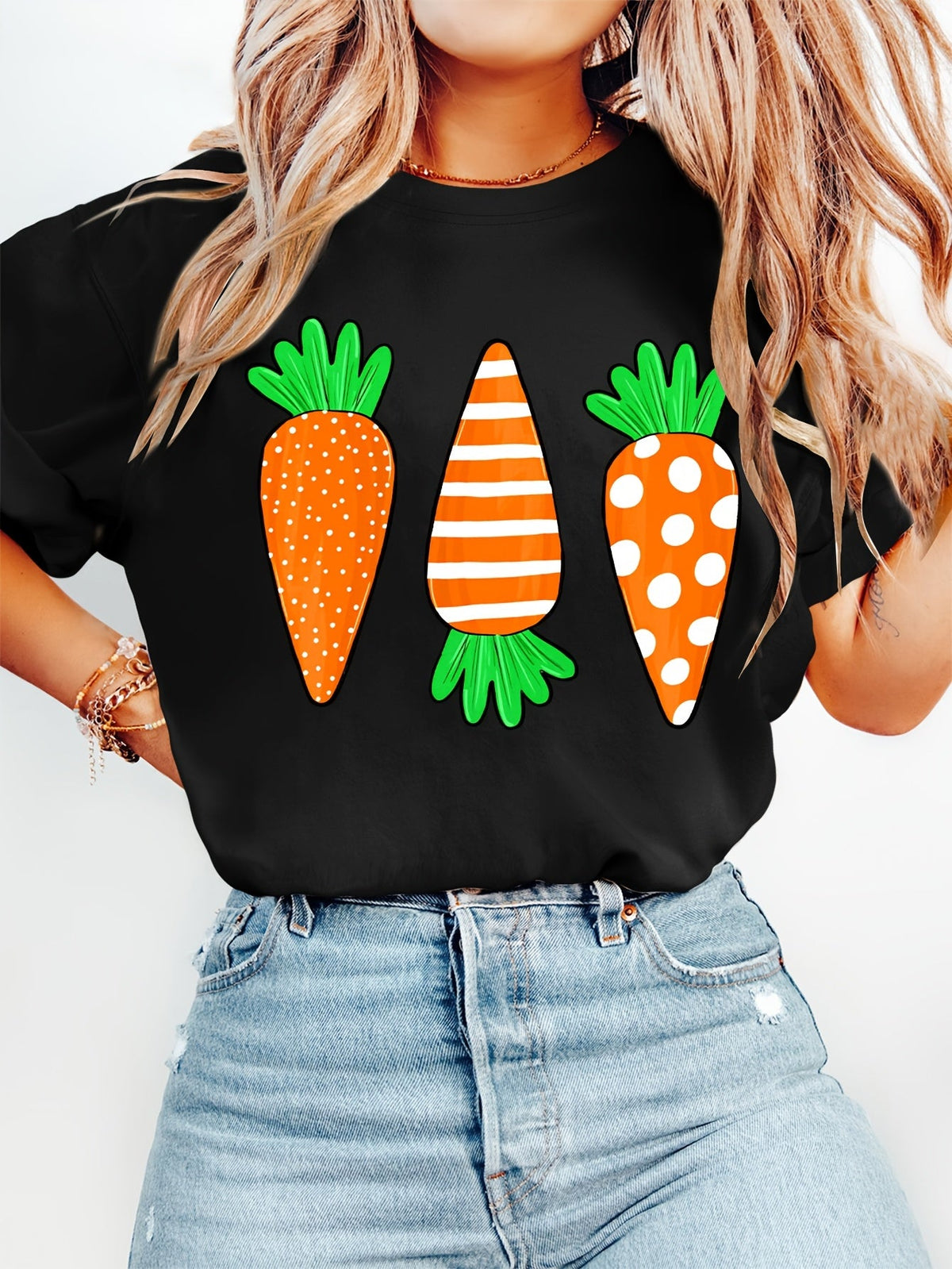 Easter Cartoon Carrot Print Short Sleeve Tee Crew Neck Casual Gift Top