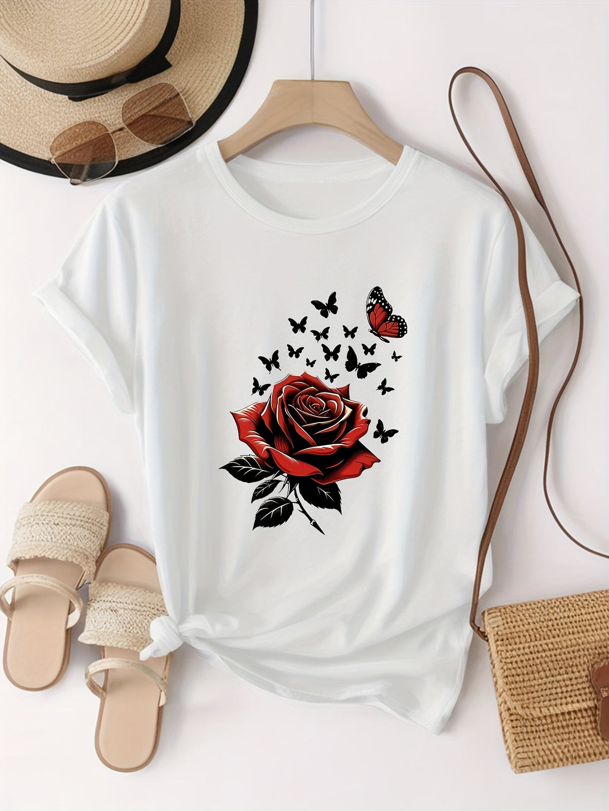 Rose Butterfly Print Short Sleeve Tee Trendy Fashion Crew Neck Casual Top