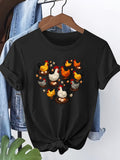 Heart Chicken Flock Print Short Sleeve Tee Cozy Healing Crew Neck Casual Top