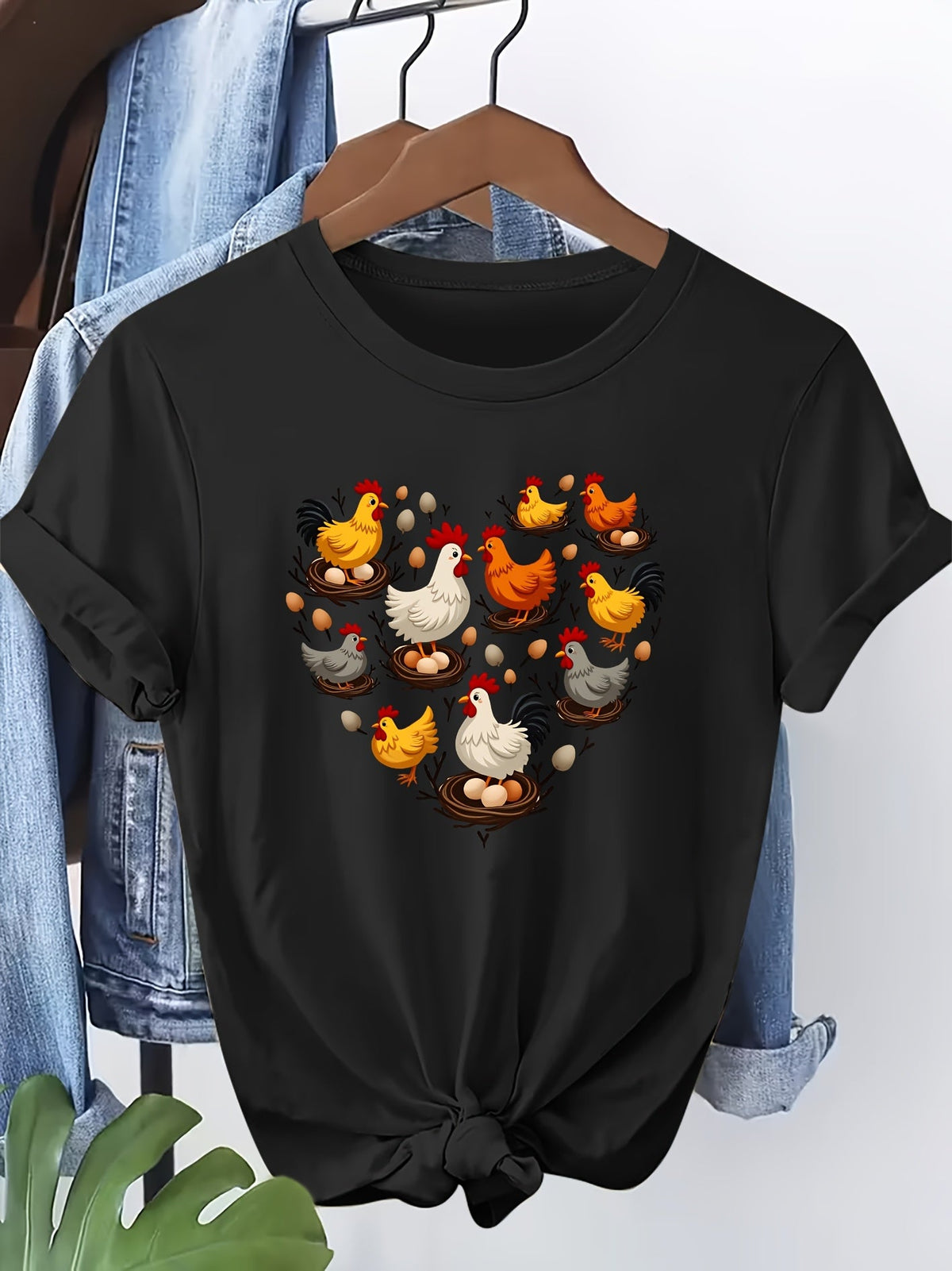Heart Chicken Flock Print Short Sleeve Tee Cozy Healing Crew Neck Casual Top