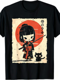Japanese Samurai Girl Black Cat Vintage Graphic T-Shirt, Retro Cute Cartoon Short Sleeve Tee for Women Casual Tops