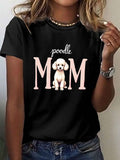 Womens Mom And Poodle Illustration Print Short Sleeve Tee Spring Summer Crew Neck Top