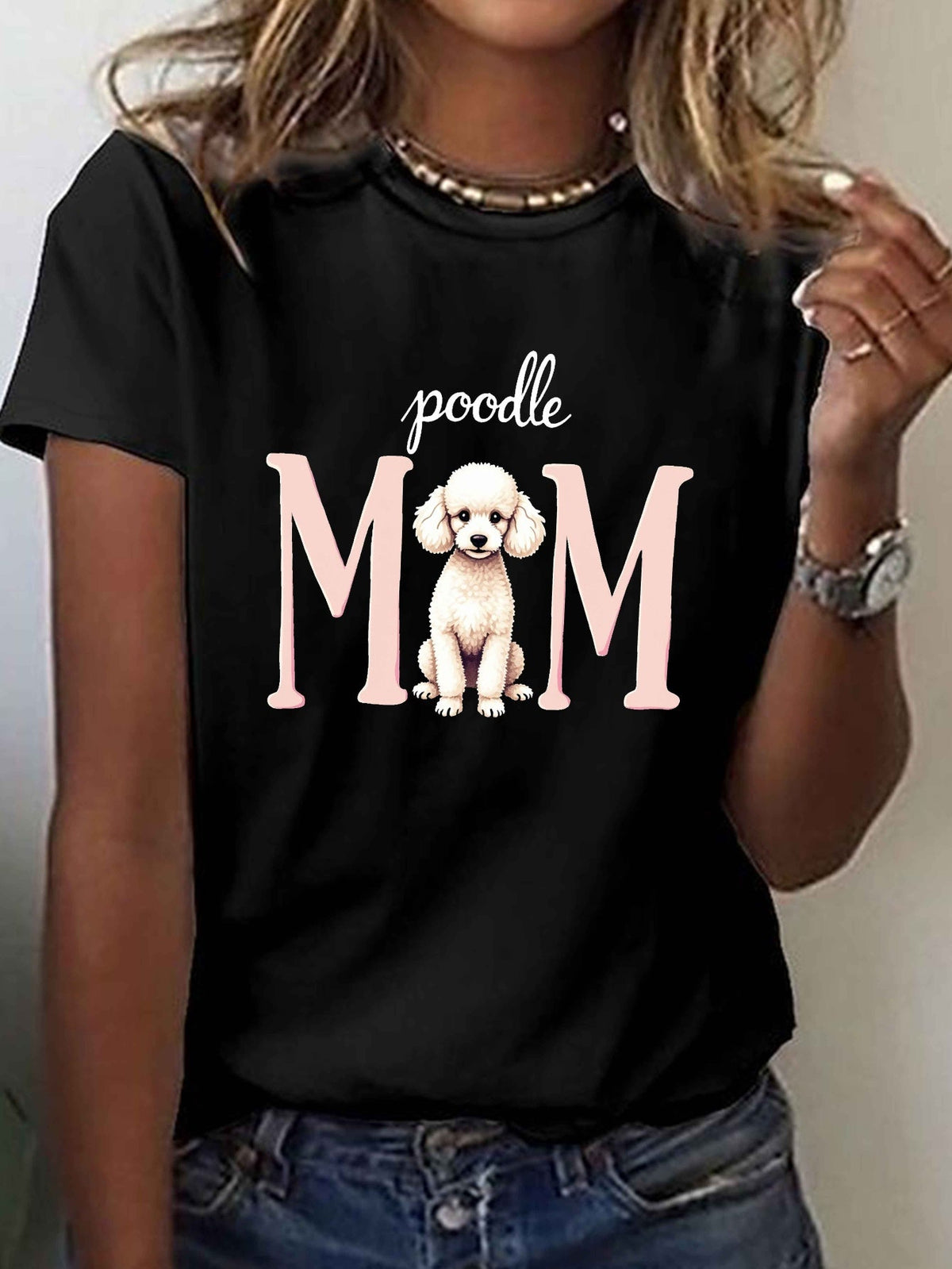 Womens Mom And Poodle Illustration Print Short Sleeve Tee Spring Summer Crew Neck Top